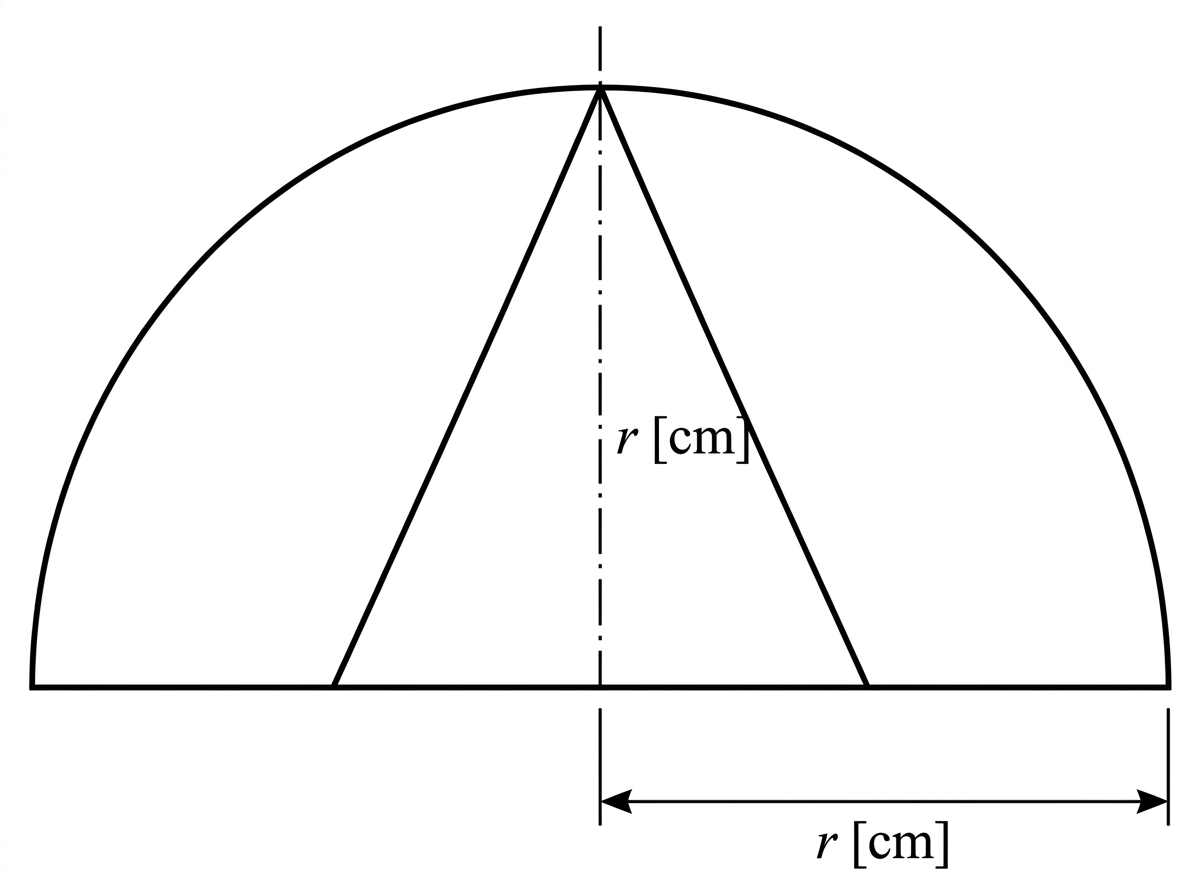 A hemisphere shown in cross-section with a conical cavity removed from its entire flat circular face up to the highest point of the hemisphere. The cone base coincides with the hemisphere's flat circular face, so its radius is $r$ and its height is $r$. The curved hemisphere surface and the curved conical cavity surface are shown as exposed surfaces; no annular flat region remains.