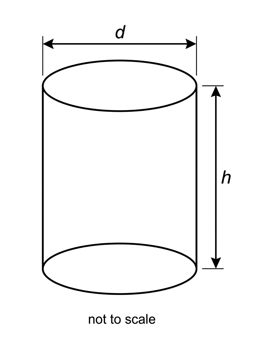 A simple cylindrical vessel diagram labelled with diameter $d$ across its circular top and vertical height $h$. The diagram is not to scale.
