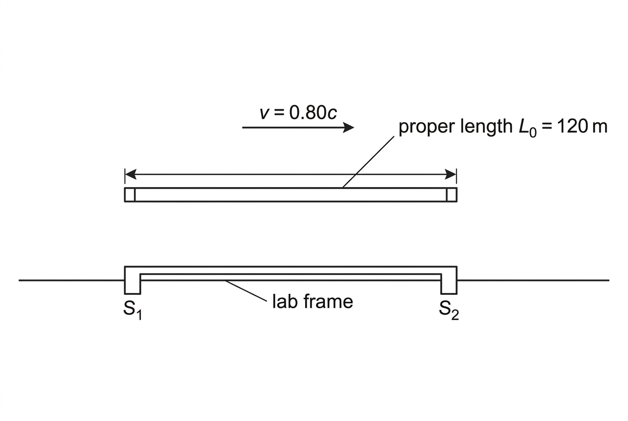 A horizontal rod moving to the right past two fixed laboratory sensors. The rod is labelled with proper length 120 m in its own frame and speed 0.80c relative to the laboratory. Two sensors in the laboratory are shown at different positions along the rod's direction of motion. The diagram must not show the contracted length.