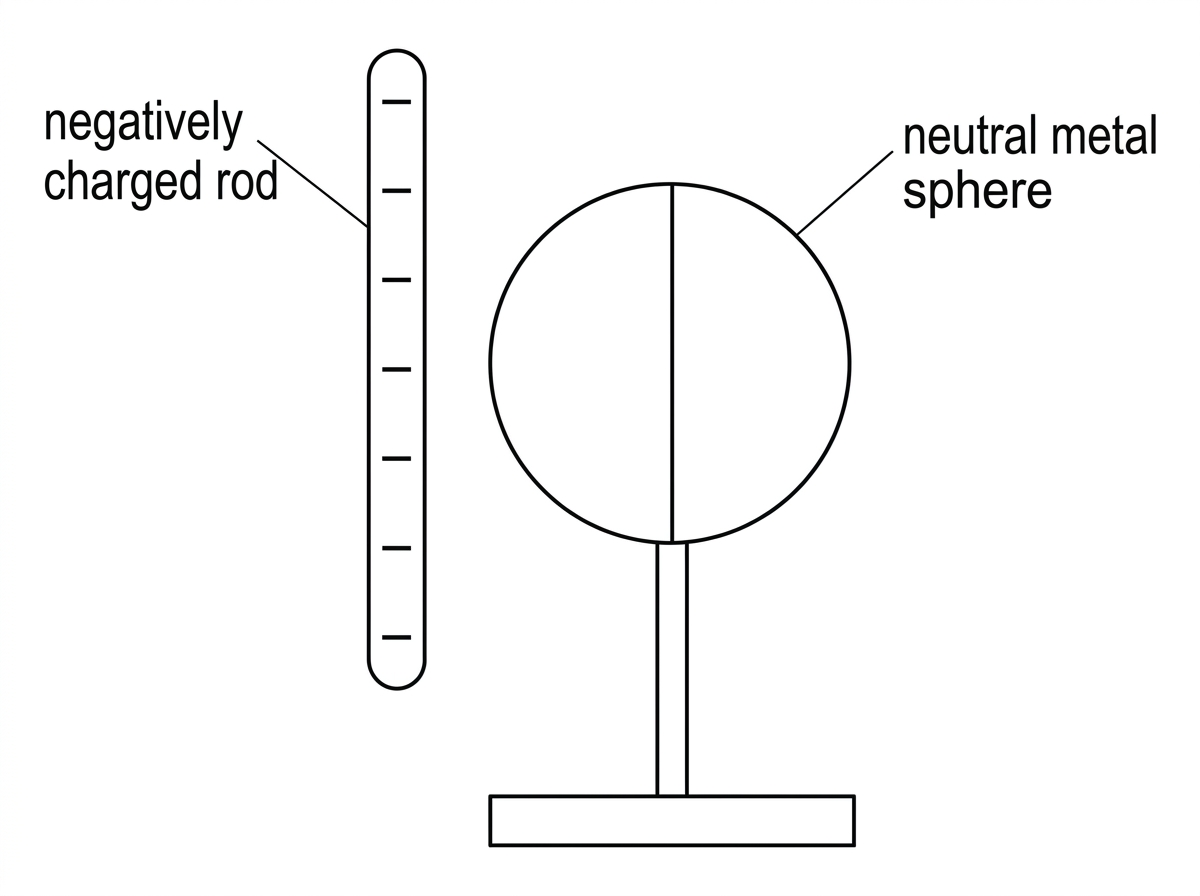 Diagram of a negatively charged rod near a neutral conducting sphere on an insulating stand, with the near and far sides of the sphere distinguishable but unlabelled for charge.