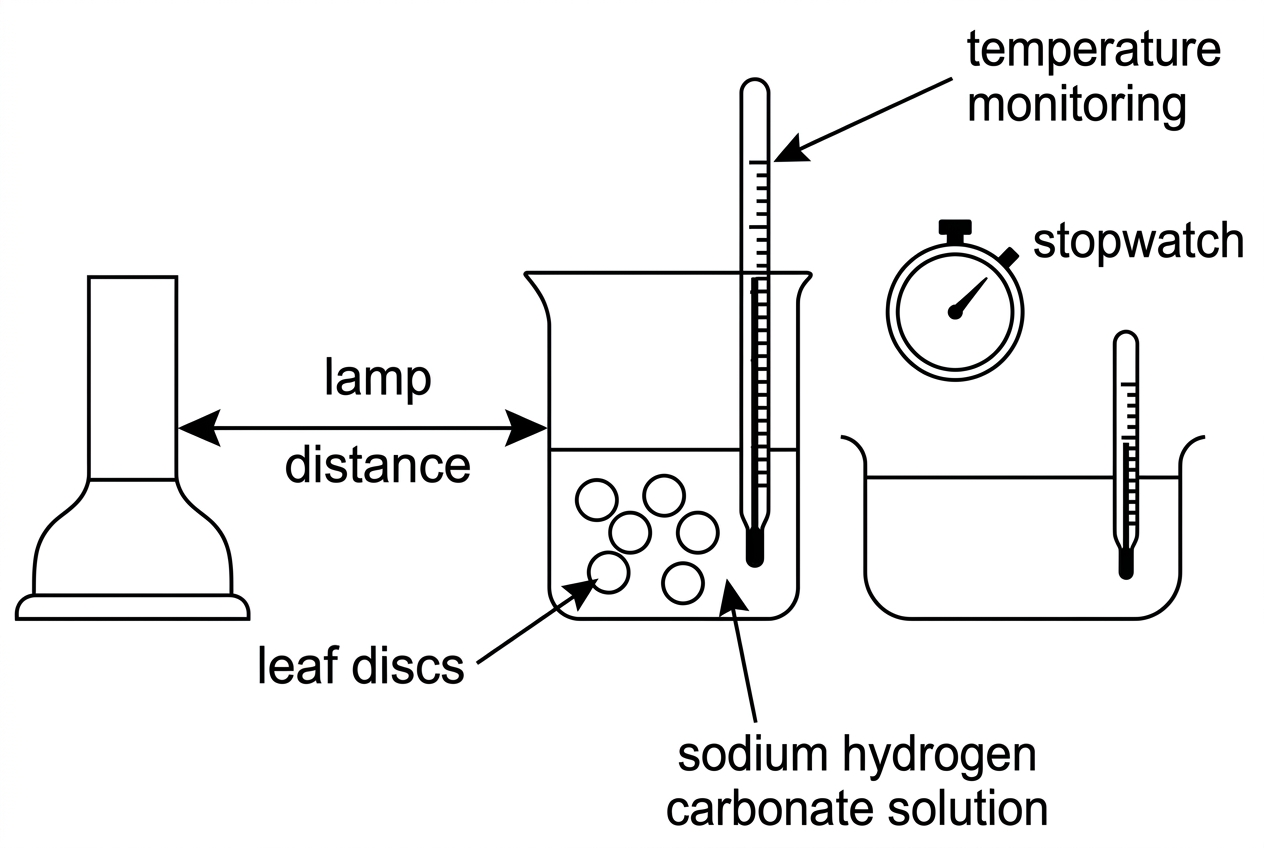 A simple apparatus diagram showing a beaker containing leaf discs in sodium hydrogen carbonate solution, a lamp positioned at a measured distance from the beaker, a thermometer or water bath for temperature control and a stopwatch. Labels indicate lamp distance, leaf discs, solution and temperature monitoring.