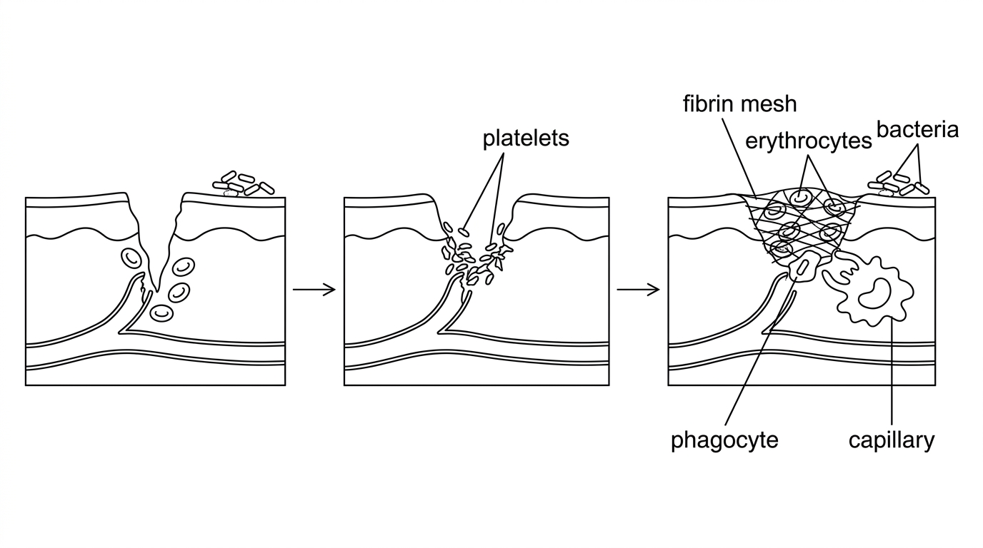 A labelled sequence diagram of a small skin wound showing a break in the epidermis, damaged blood vessel, platelets accumulating, fibrin threads forming across the wound and phagocytes moving from a nearby capillary toward bacteria at the wound site. Labels should name platelets, fibrin mesh, erythrocytes, phagocyte, bacteria and capillary.