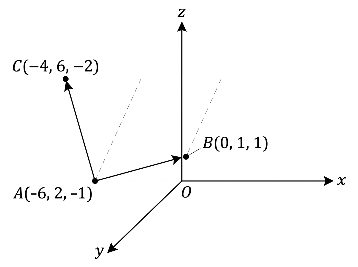 A three-dimensional coordinate diagram showing points A, B and C with arrows from A to B and from A to C. The point D is not plotted, but a faint parallelogram outline indicates where it will be completed. Axes are labelled x, y and z.