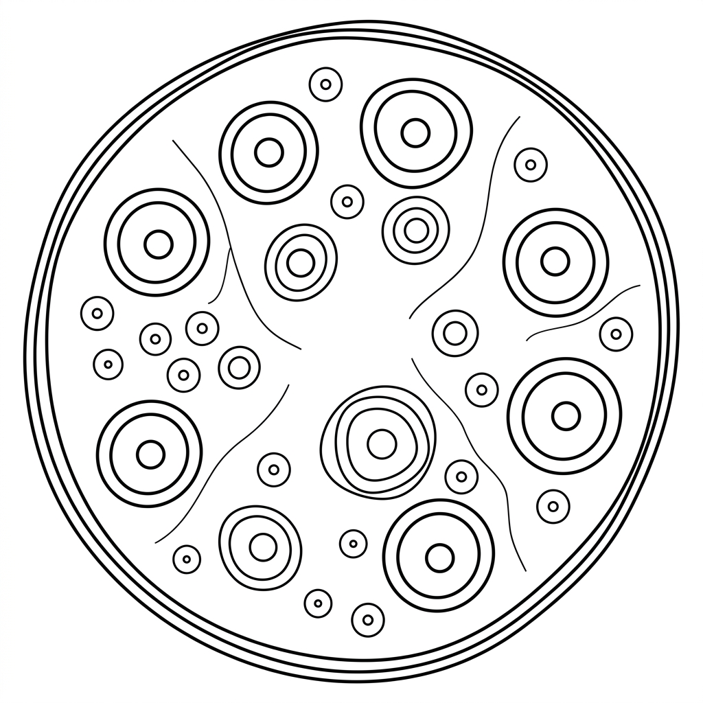 Transverse section diagram of a peripheral nerve showing an outer protective sheath, several circular myelinated fibres with axons and myelin rings, and smaller unmyelinated fibres; labels to be added by candidates.