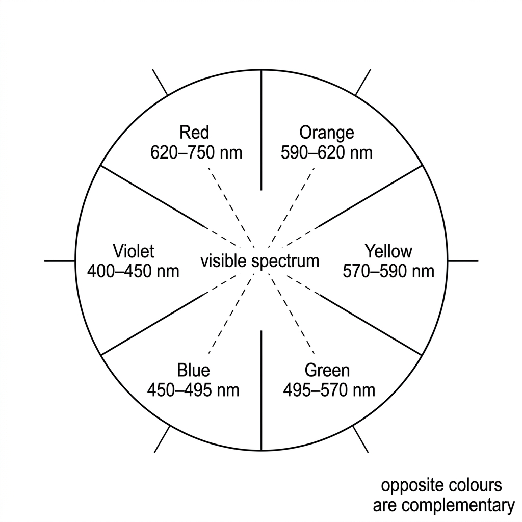 A colour wheel showing complementary colours and broad visible wavelength regions. It should allow students to relate absorbed and observed colours without annotating the specific complex in the question.
