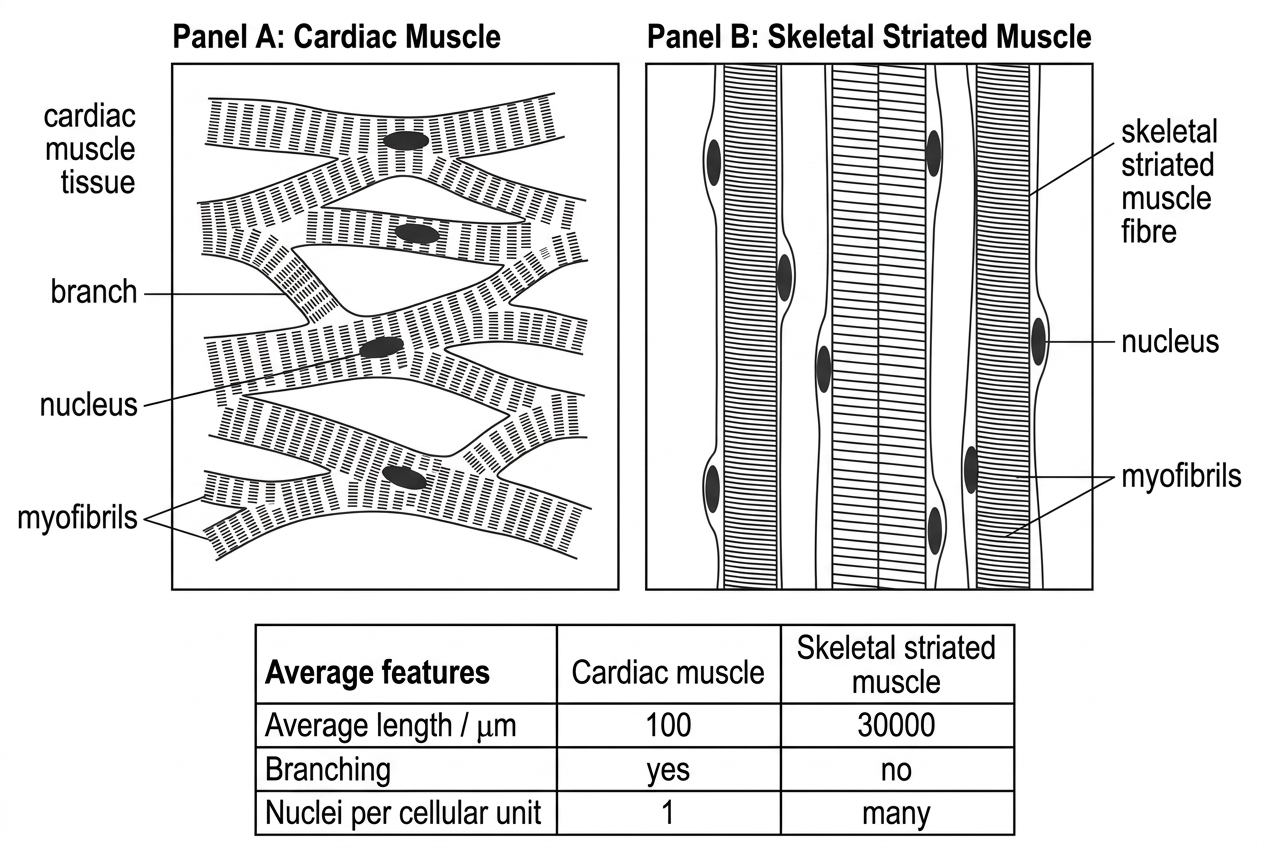 A two-panel microscope-style stimulus comparing cardiac muscle cells and skeletal striated muscle fibres. Show striations in both, branching in cardiac muscle, unbranched parallel fibres in skeletal muscle, and nuclei positions or numbers. Include a small table summarizing average length, branching and number of nuclei per cellular unit.