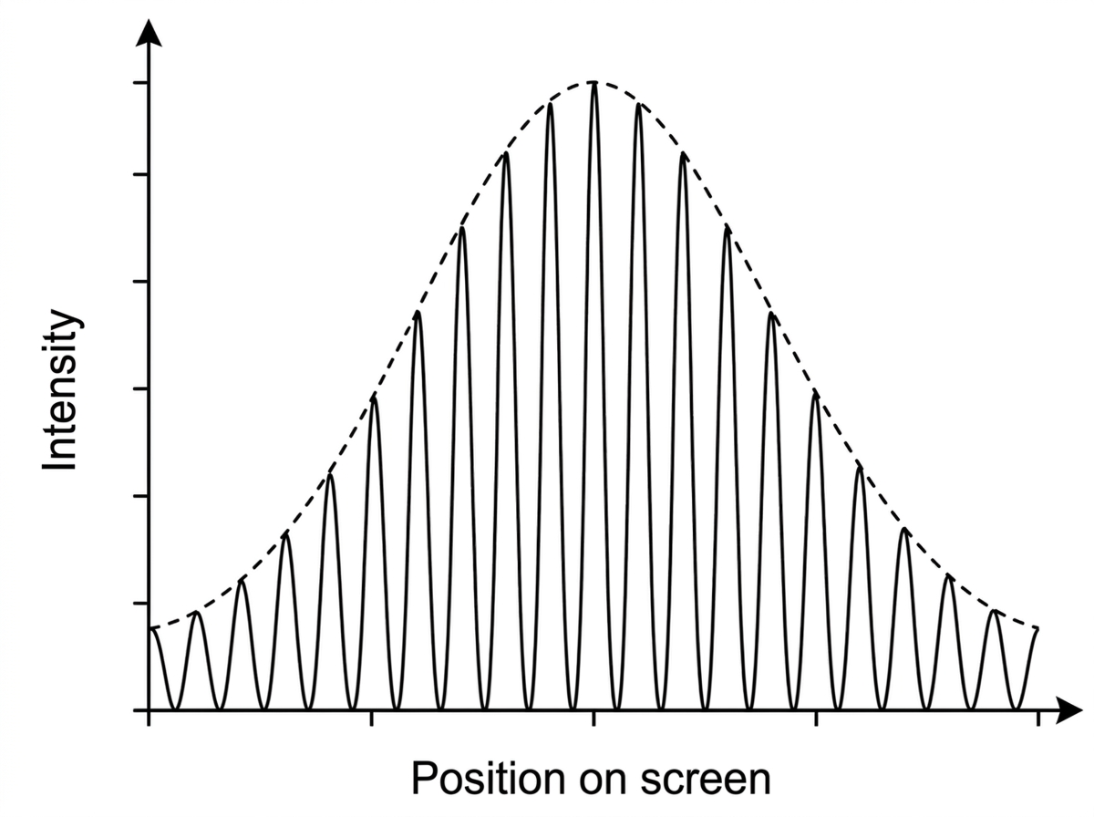 An intensity-against-position graph for a real double-slit pattern. Show many regularly spaced narrow interference fringes lying inside a broad single-slit diffraction envelope. Do not label any missing order or numerical position.