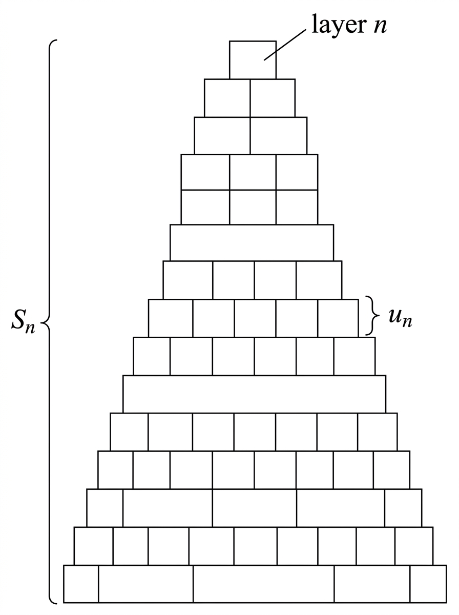 A schematic layered block sculpture with several stacked layers, explicitly not to scale. The label "layer $n$" and the brace labelled "$u_n$" identify the same representative layer. A separate brace labelled "$S_n$" indicates the cumulative total for the full stack. Use generic blocks only; do not depict numerical block counts.