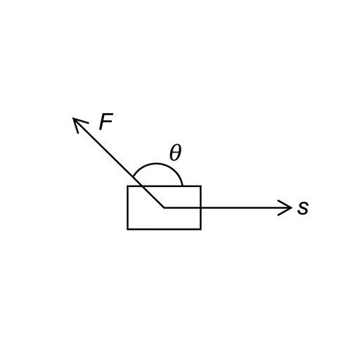 A simple diagram of a box with a horizontal displacement arrow pointing to the right. A force arrow on the box points up and to the left, making an obtuse angle with the displacement. The angle shown is greater than ninety degrees.