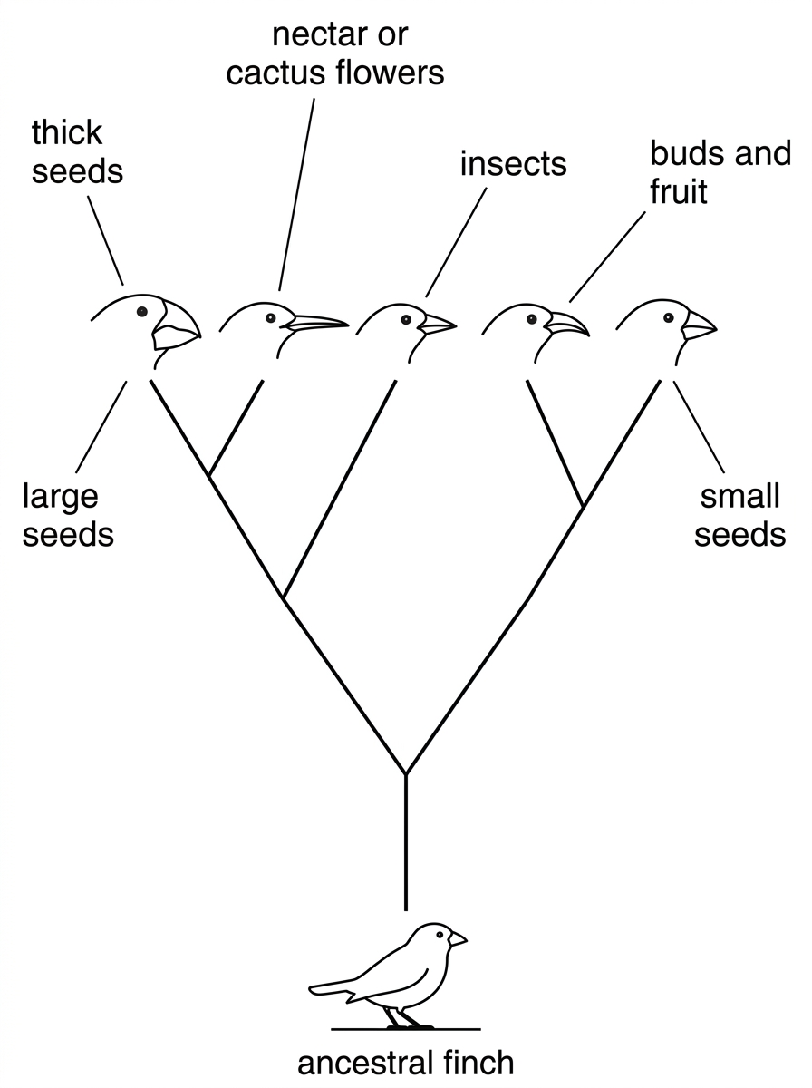 IB-style diagram of several related finch species branching from one ancestor, with differently shaped beaks labelled for different diets or feeding niches.