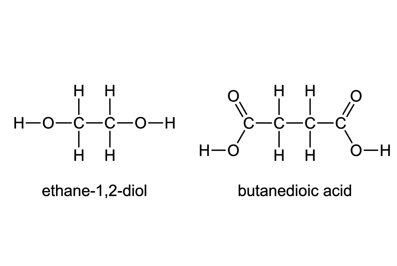 Displayed structural formulas of ethane-1,2-diol and butanedioic acid shown separately. The diol should show hydroxyl groups at both ends of a two-carbon chain. The dicarboxylic acid should show carboxyl groups at both ends of a four-carbon chain. No polymer structure is shown.