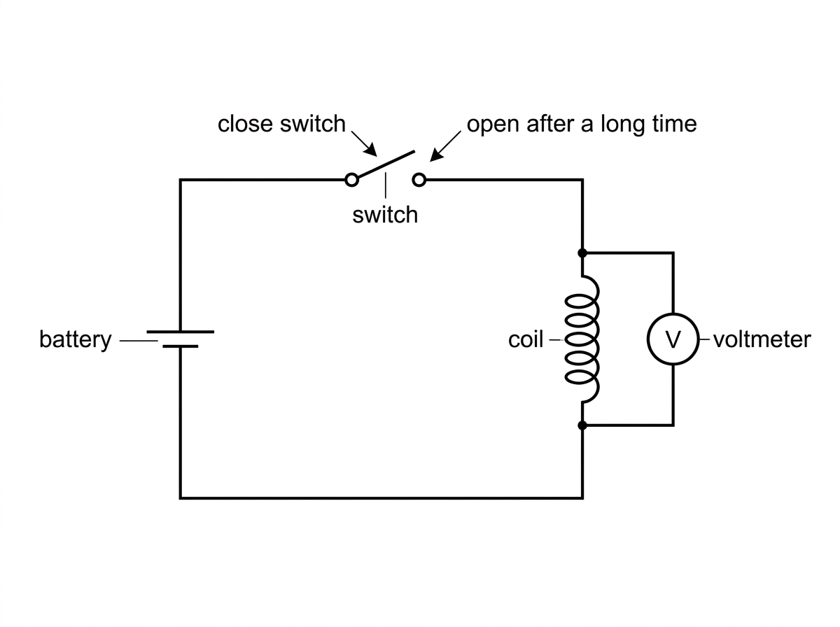 A circuit diagram with a battery, switch, and coil in series. A voltmeter is connected across the coil. The diagram shows the switch with two labelled actions: closing the switch and opening it after a long time. No numerical values are given.