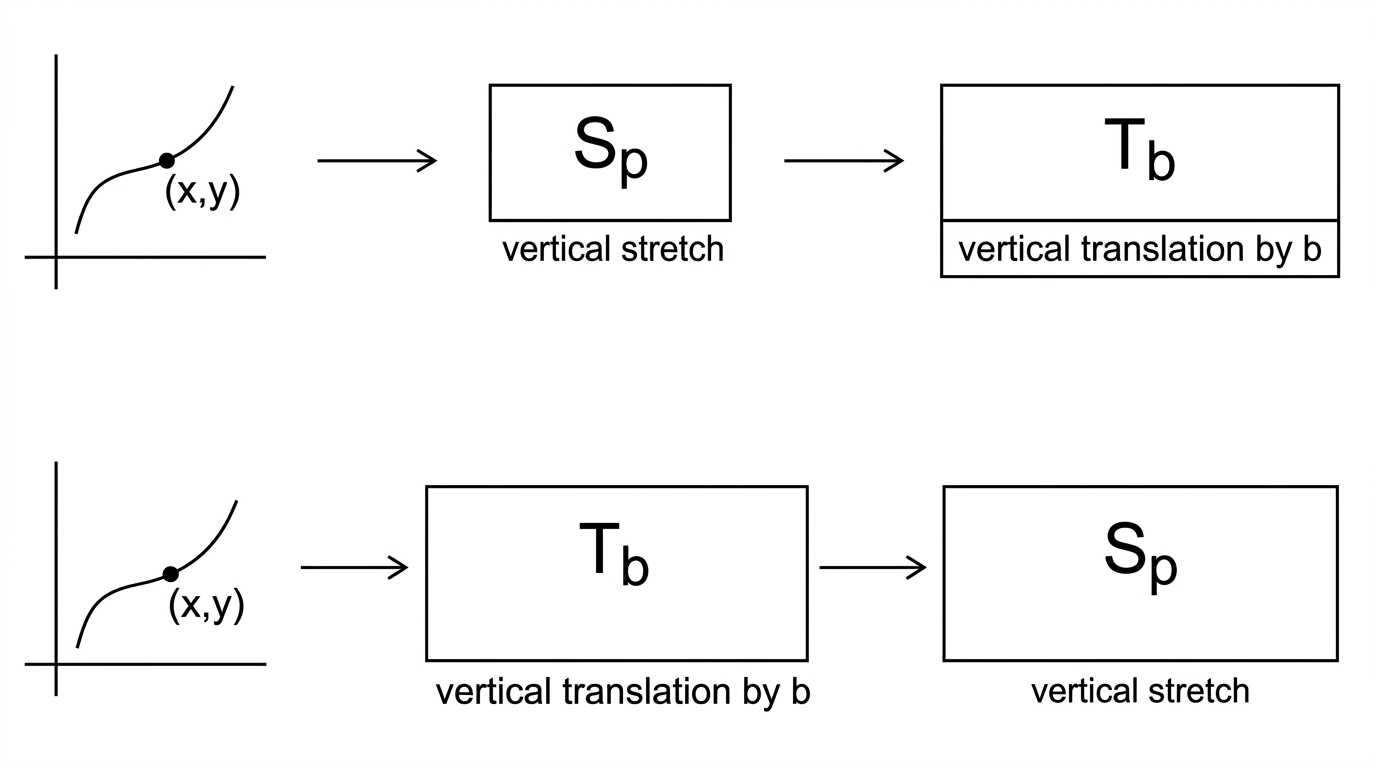 Two parallel transformation flowcharts, one applying a vertical stretch then a vertical translation and the other applying them in the reverse order.