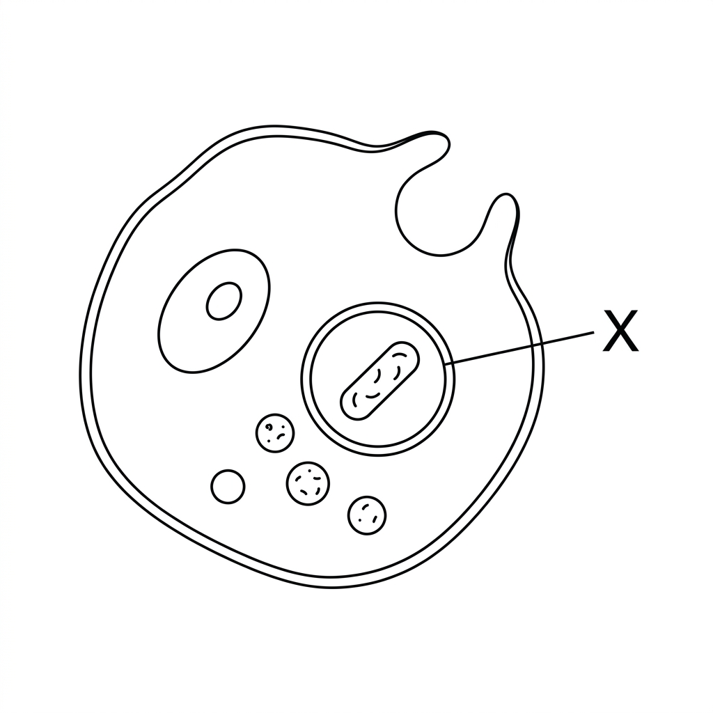 Diagram of a phagocytic cell with a bacterium enclosed in an internal membrane-bound vacuole labelled X and nearby small enzyme-containing vesicles; labels should not name the structures.