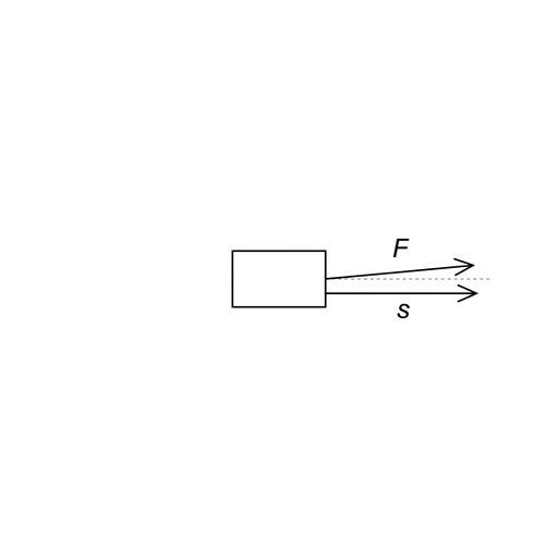 A simple diagram of a box with a horizontal displacement arrow pointing to the right. A force arrow on the box also points horizontally to the right, parallel to the displacement. The angle between the arrows is shown as zero.