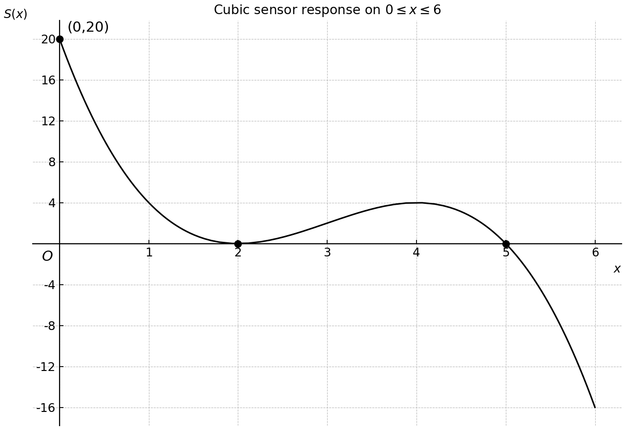 Cubic sensor-response curve on 0 ≤ x ≤ 6.