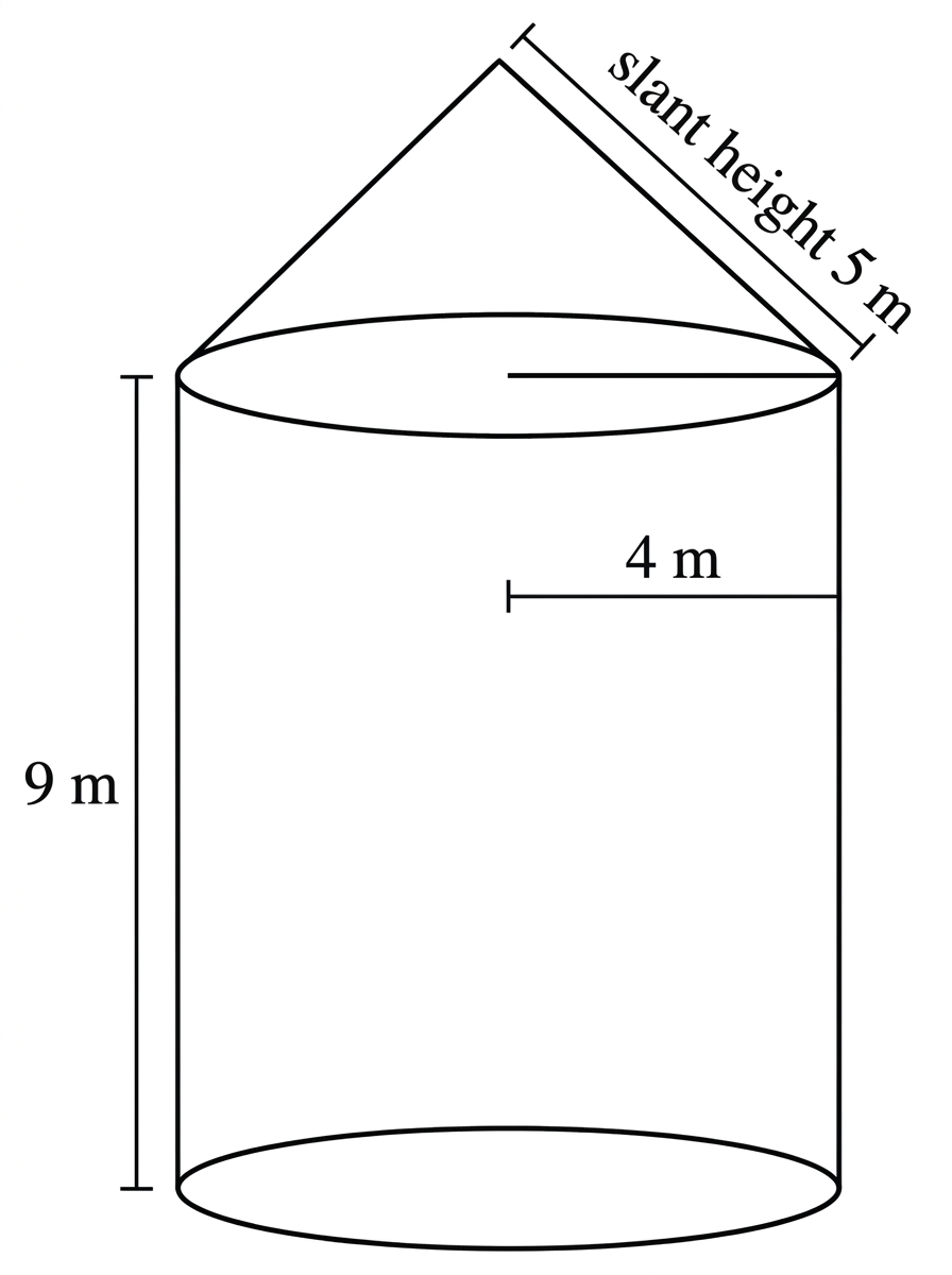 A labelled composite silo consisting of a vertical right cylinder and a right cone joined along a common circular base, showing the radius, cylinder height and cone slant height.