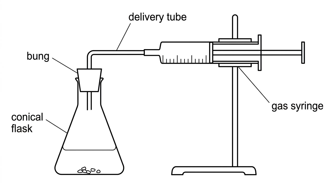 A simple laboratory apparatus diagram showing a conical flask containing zinc and hydrochloric acid connected by a delivery tube to a graduated gas syringe clamped horizontally; labels should identify the flask, bung, delivery tube and gas syringe without showing any numerical readings.