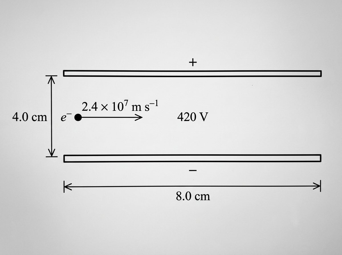 Side-view diagram of two horizontal parallel plates with the upper plate labelled positive and the lower plate labelled negative. An electron enters midway between the plates from the left with a horizontal velocity arrow. The length of the field region and the plate separation are labelled. The diagram should show the plates but not the electron trajectory.