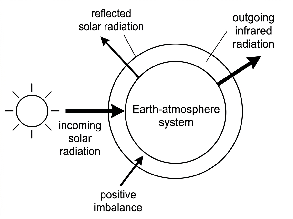 An energy-flow diagram for the Earth-atmosphere system. Show incoming solar radiation, reflected solar radiation, outgoing infrared radiation, and a small labelled positive imbalance into the system. The diagram should not include numerical answers.
