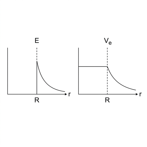 Two side-by-side graph panels with a common horizontal axis labelled $r$ and a marked vertical line for the sphere radius. Left panel labelled $E$: the graph lies on the horizontal axis at zero from the centre to the sphere radius, then jumps to a positive surface value and decreases smoothly toward zero with inverse-square-like curvature outside. Right panel labelled $V_e$: the graph is a horizontal positive line from the centre to the sphere radius, then decreases smoothly toward zero with inverse-distance-like curvature outside. Axes and line style match the other options.