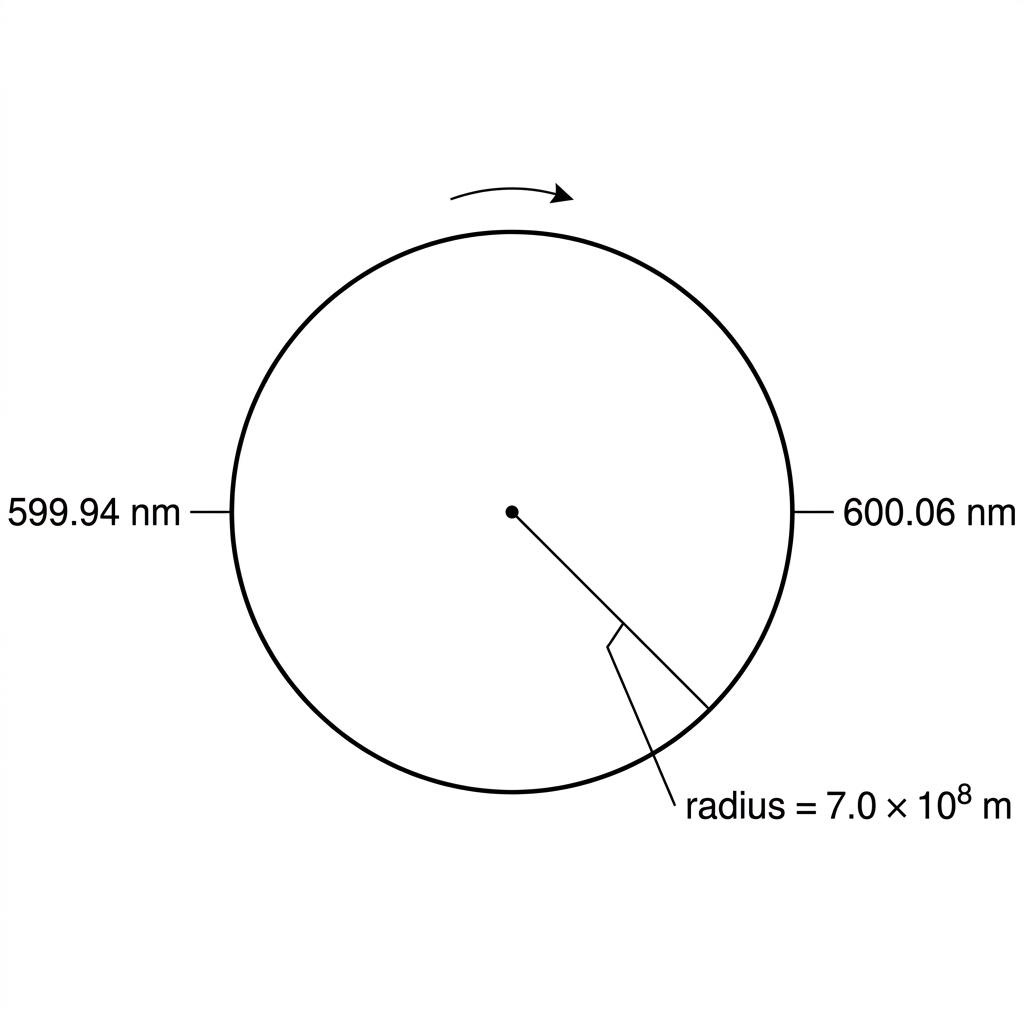 A rotating stellar disk with one limb labelled with a shorter observed wavelength and the opposite limb with a longer observed wavelength; the star radius is indicated.