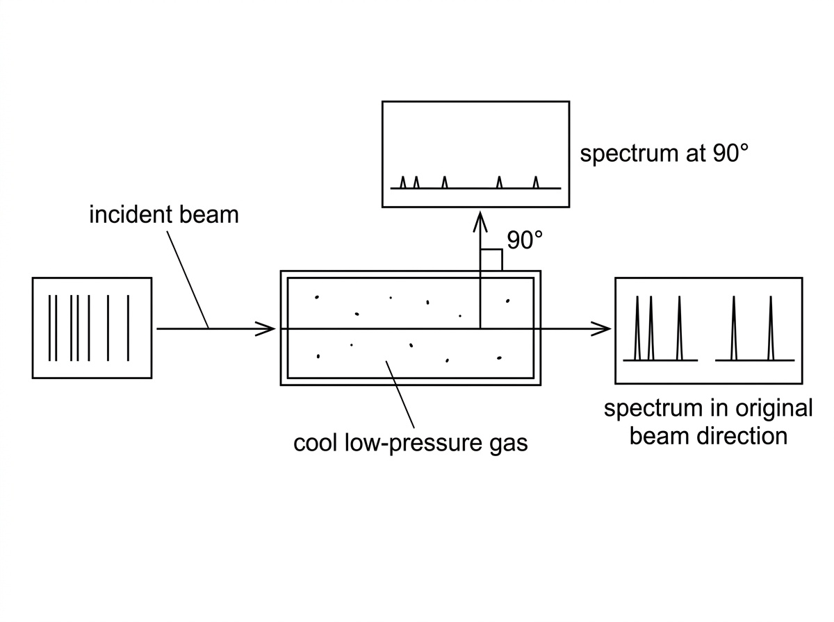 Annotated stimulus showing a multi-frequency incident light beam entering a cell of cool low-pressure gas, an absorption spectrum recorded after the cell in the forward direction, and weak emission lines detected sideways at wavelengths corresponding to the missing forward-beam lines.
