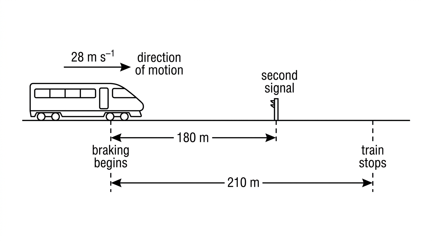 A straight railway track diagram showing a train initially moving towards two signals. The first distance to a signal is labelled and the stopping distance information is indicated. The diagram shows the direction of motion but does not show calculated braking values.