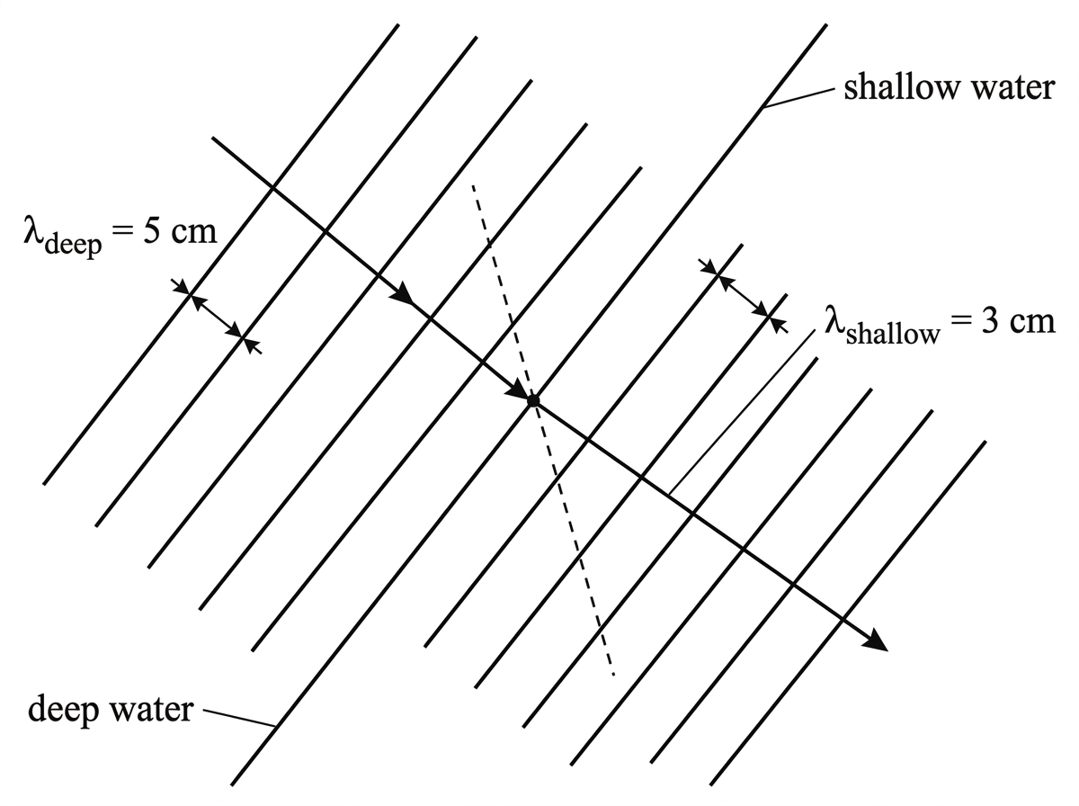 Annotated ripple-tank wavefront-ray diagram. Straight parallel incident wavefronts approach an oblique straight boundary from a region labelled deep water into a region labelled shallow water. The transmitted wavefronts in shallow water are closer together and rotated relative to the incident wavefronts. A normal is drawn at the point where a ray meets the boundary. The incident ray and transmitted ray are perpendicular to their local wavefronts, with angles measured from the normal. The diagram includes a scale or labelled spacing showing the wavelength in each region but does not state the speed ratio.