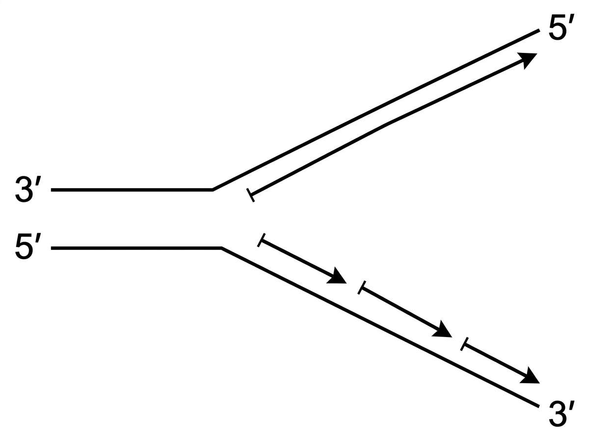 Y-shaped replication fork with parental strands labelled 3′ and 5′, showing one continuous new strand and several short discontinuous fragments without revealing labels for leading or lagging.