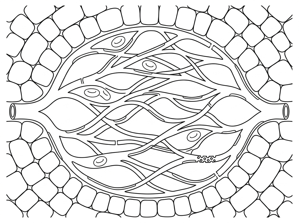 A labelled-free diagram of a capillary bed between an arteriole and a venule, surrounded by respiring tissue cells. It should show many narrow capillary branches, red blood cells within the lumen, a thin capillary wall, small gaps between endothelial cells and some larger pores in one capillary region, without naming the adaptations.