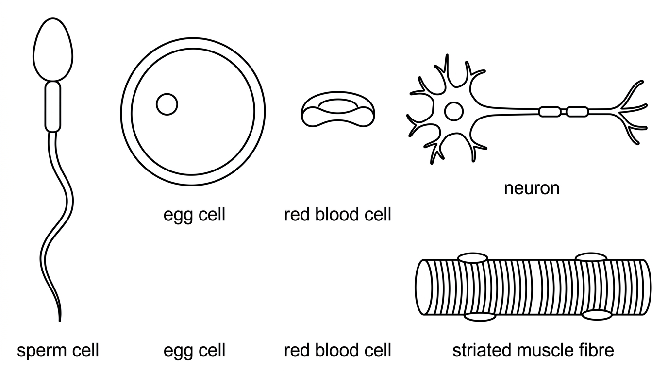 A set of simplified, unlabelled diagrams of a human sperm cell, egg cell, red blood cell, neuron and striated muscle fibre, shown not to scale but with their distinctive shapes visible.