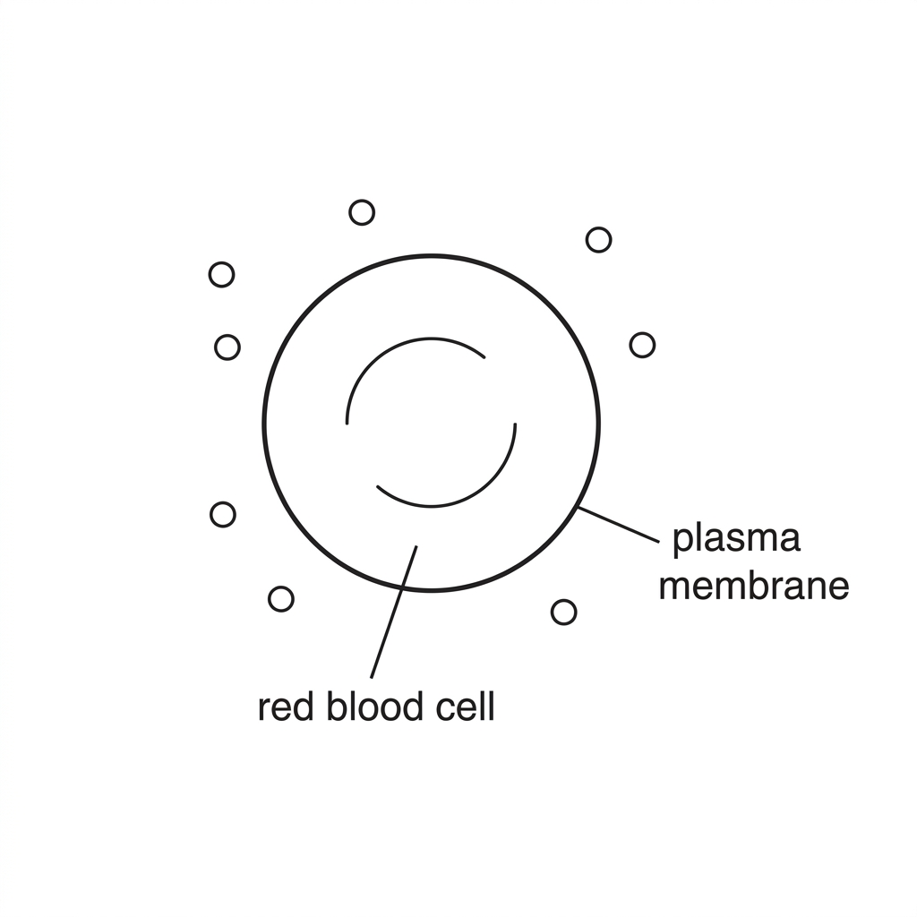 A simple diagram of a red blood cell surrounded by an external solution, with the plasma membrane labelled and no arrows showing water movement.