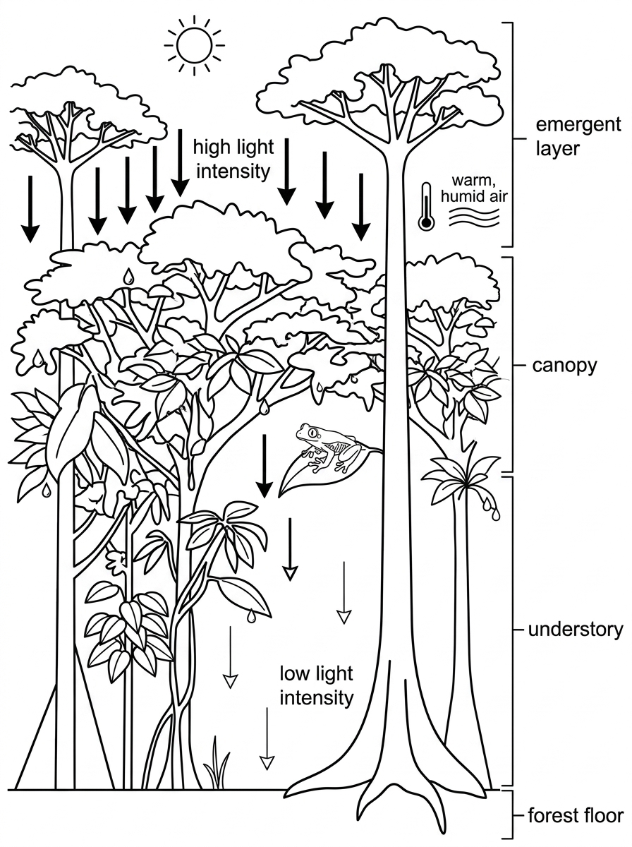 A vertical profile diagram of a tropical rainforest showing forest floor, understory, canopy and emergent layer. Light should be indicated as strongest above the canopy and weakest at ground level. Kapok-like emergent trees and leaf surfaces suitable for frogs should be visible, but adaptations should not be labelled.
