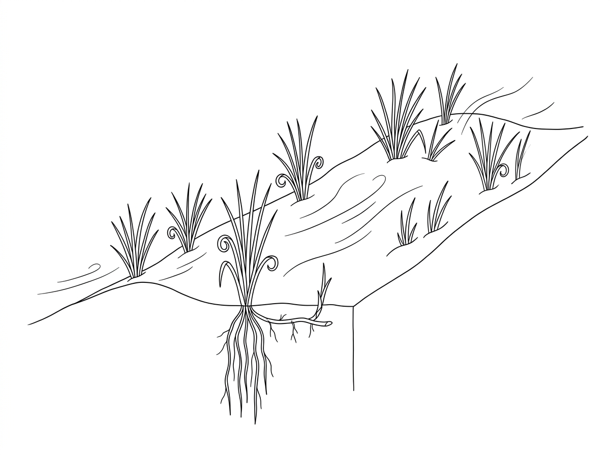 A black-and-white field sketch of a coastal sand dune with clumps of marram grass growing in loose sand. The sketch should show exposed wind-blown sand, sparse vegetation, upright narrow leaves and some partially buried shoots. No labels should identify specific adaptations.