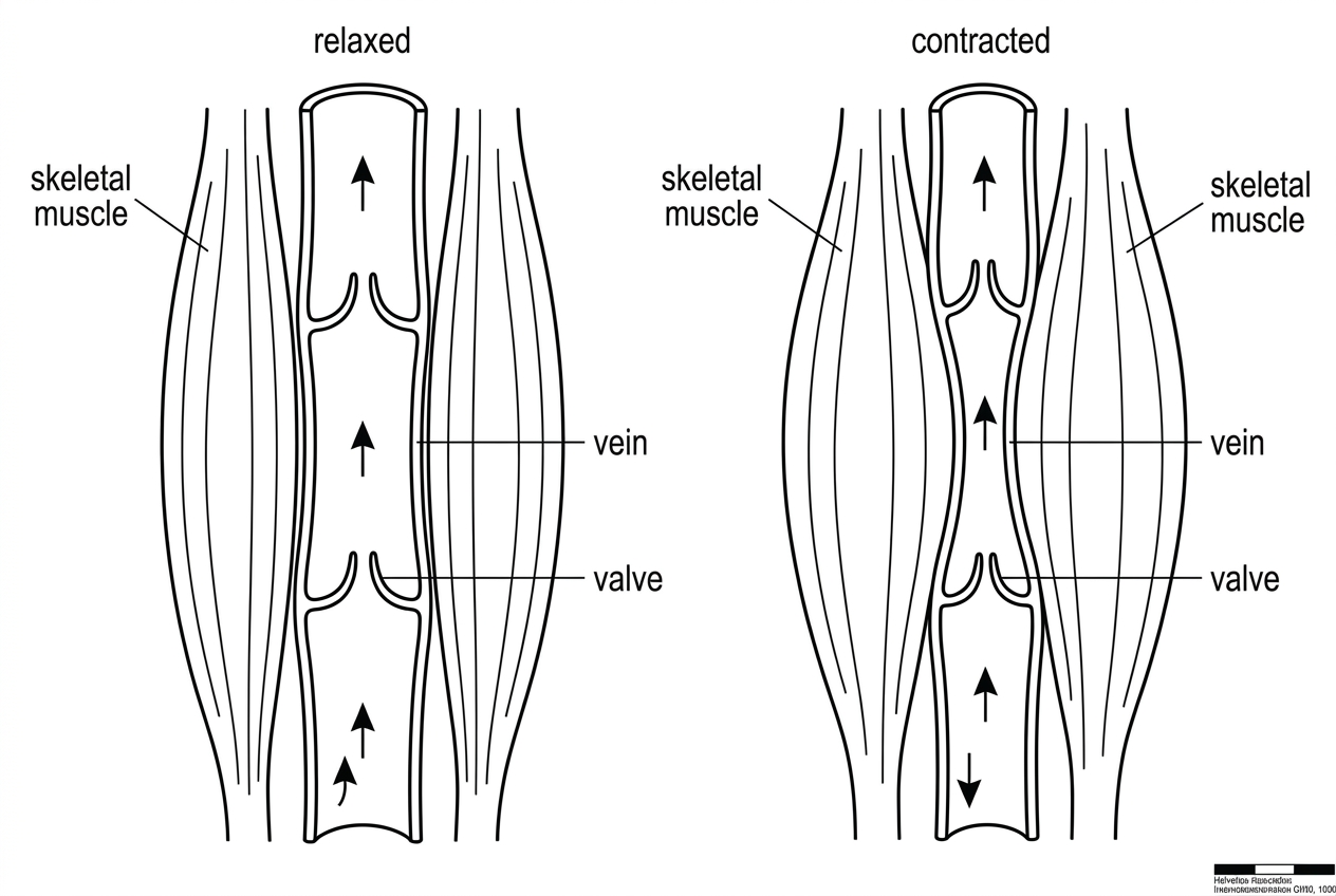 A sequence diagram of a leg vein passing between skeletal muscles. It should show flexible vein walls, two pocket valves, one stage with surrounding muscle relaxed and one stage with muscle compressed around the vein. Arrows show possible blood movement directions, but the valves are not labelled with their function.