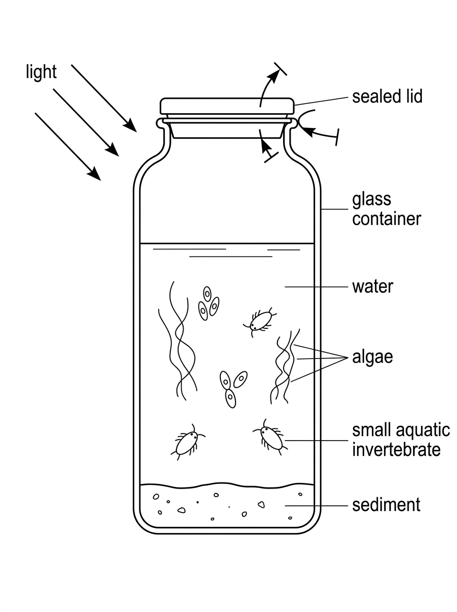 A labelled sealed glass aquatic mesocosm showing water, algae, small aquatic invertebrates, sediment, incoming light and no exchange of matter with the outside.