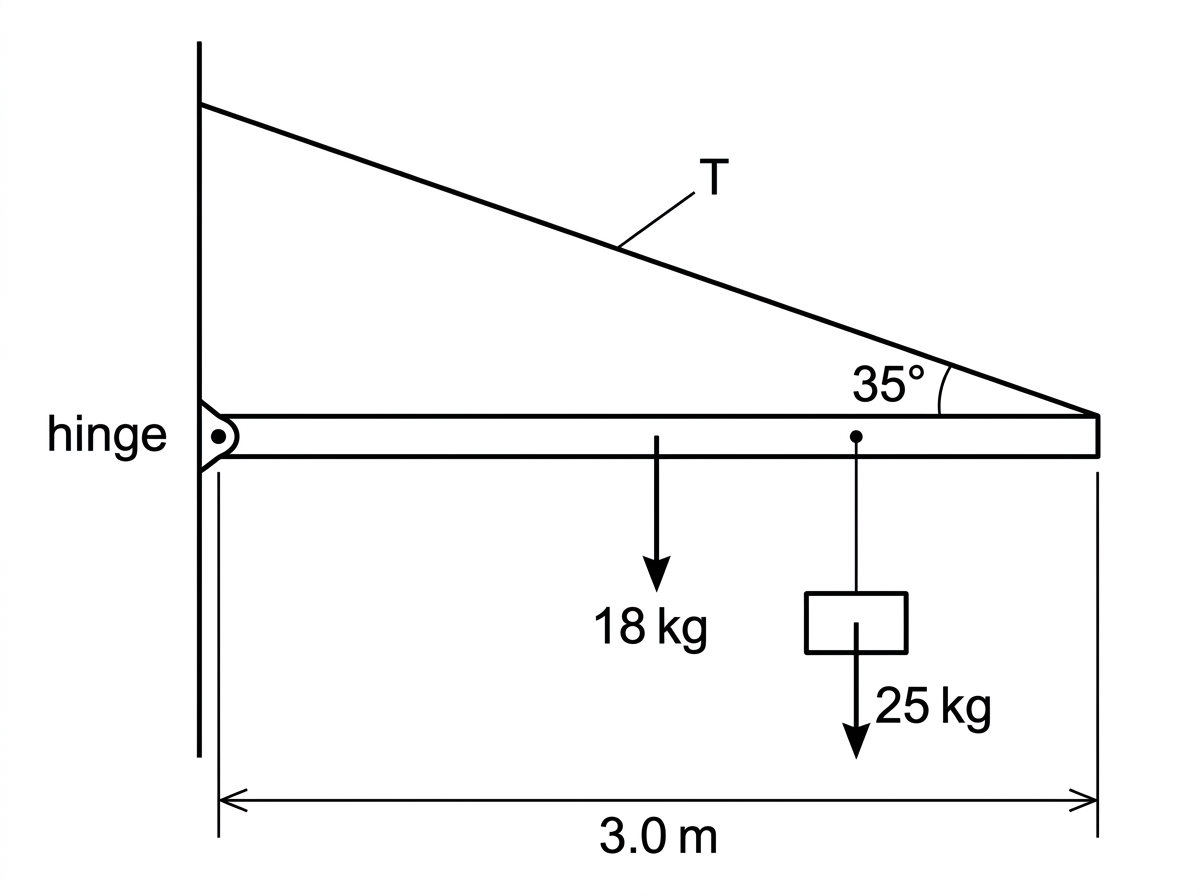 Side-view line diagram of a horizontal uniform beam hinged to a wall at the left. A cable runs from the right end of the beam up to the wall, making an angle above the beam. A box hangs vertically from a point between the hinge and the right end. Labels show the hinge, beam length, cable angle, beam weight acting at its centre, box weight acting at the suspension point, and cable tension.