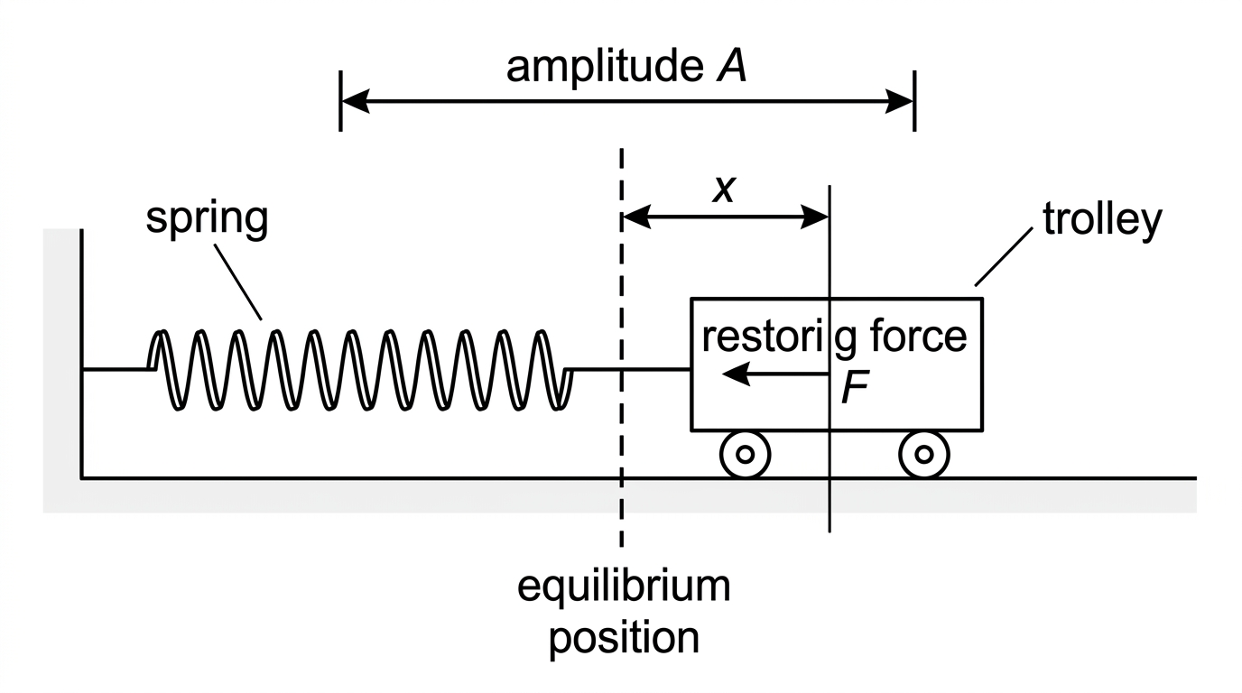 A horizontal mass–spring trolley on a track, with equilibrium position, displacement x, restoring spring force and amplitude indicated.