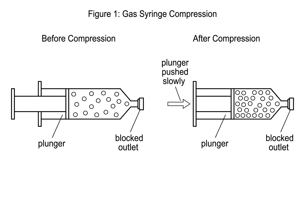 A simple diagram of a gas syringe with a blocked outlet and a movable plunger being pushed inward. The gas particle model should show particles separated by large spaces inside the barrel before compression and a smaller gas volume after compression, without showing liquid or solid particles.