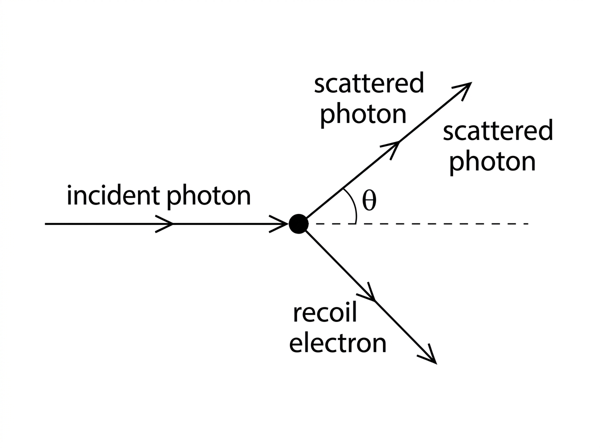 A Compton scattering diagram showing an incident X-ray photon travelling horizontally towards an electron. After interaction, a scattered photon leaves at an angle theta to the original direction and a recoil electron leaves in a different direction. The incident and scattered photon paths and the recoil electron path are labelled, with theta marked.