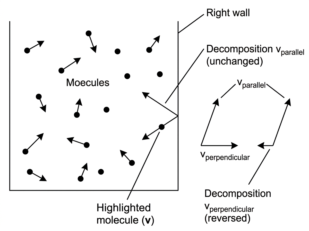 A simple container diagram with several gas molecules represented as small dots with velocity arrows in random directions. One molecule is shown approaching and rebounding from a wall, with velocity components perpendicular and parallel to the wall indicated qualitatively.