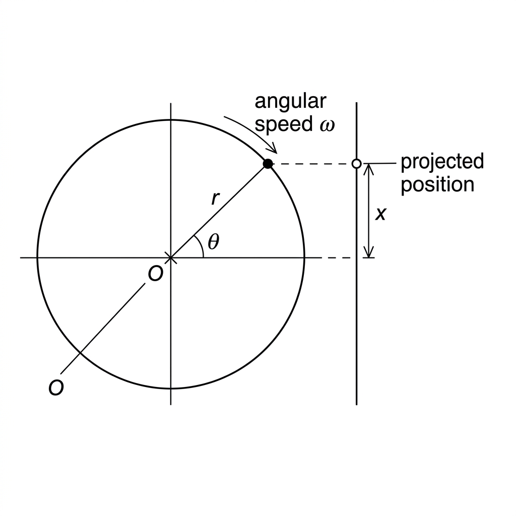 A rotating point on a circle and its projection onto a diameter or screen, with radius, angular position and projected displacement labelled.