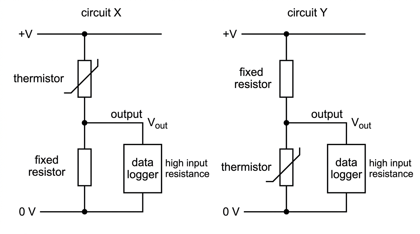 Two alternative potential divider circuits labelled circuit X and circuit Y: one has the thermistor connected to the positive supply and fixed resistor to ground, the other has the fixed resistor to positive supply and thermistor to ground; output is measured from the junction to ground by a high-input-resistance data logger.