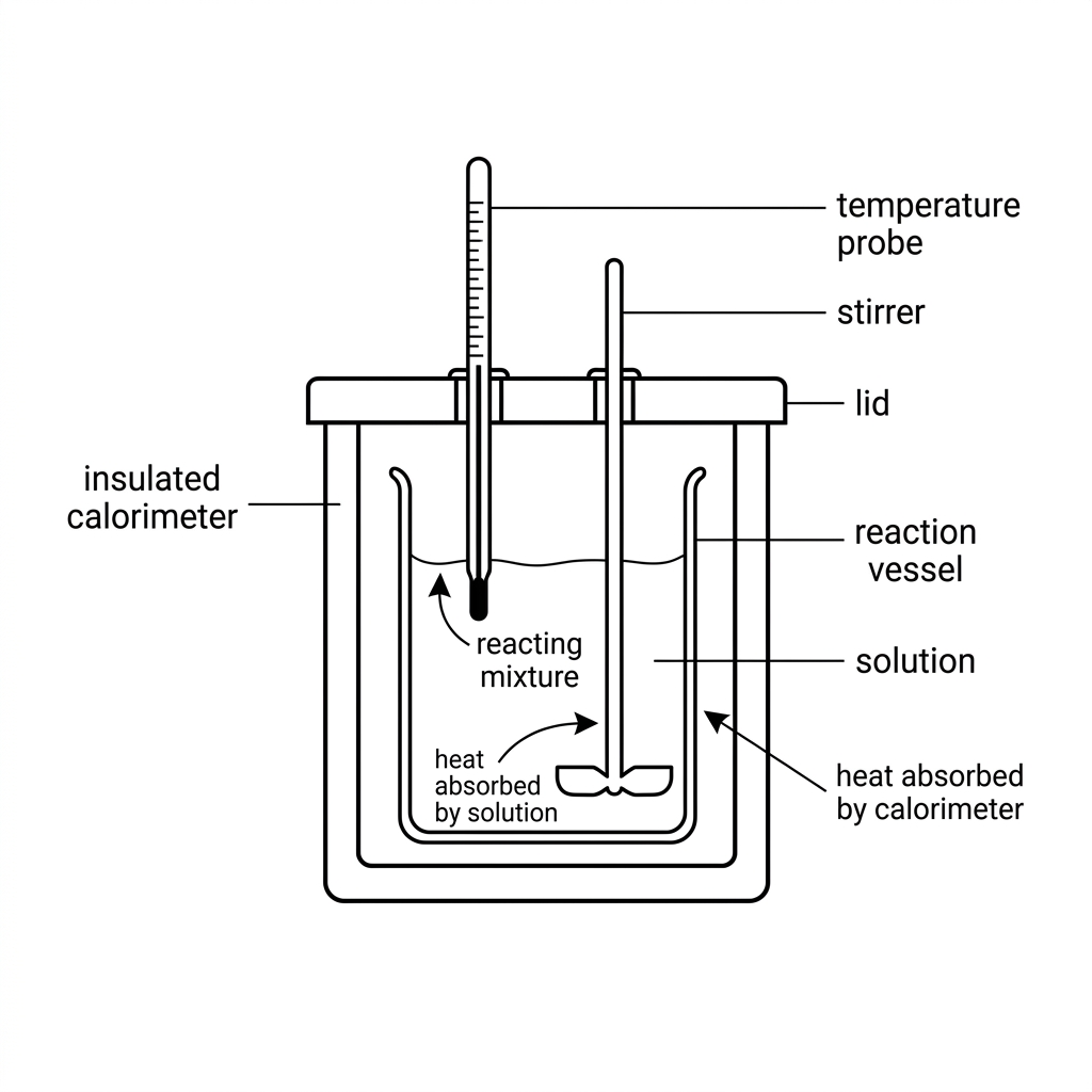 A labelled insulated calorimeter with a reaction vessel, lid, stirrer, and temperature probe. The diagram should show that both solution and calorimeter absorb heat. No numerical calculations should be displayed.
