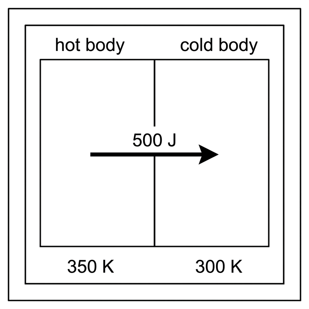 An insulated container holding two bodies labelled hot body and cold body. An arrow indicates thermal energy transfer from the hot body to the cold body.