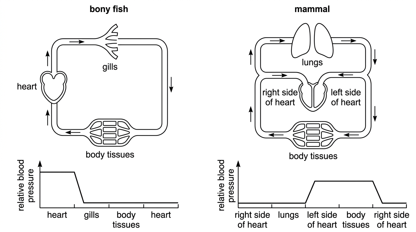 Two simple circuit diagrams with accompanying pressure profiles. The fish diagram shows blood moving from heart to gills to body tissues and back to heart. The mammal diagram shows right side of heart to lungs to left side of heart, then left side of heart to body tissues and back to right side. Pressure profiles show a large pressure drop across fish gills and separate lower pulmonary and higher systemic pressures in the mammal.