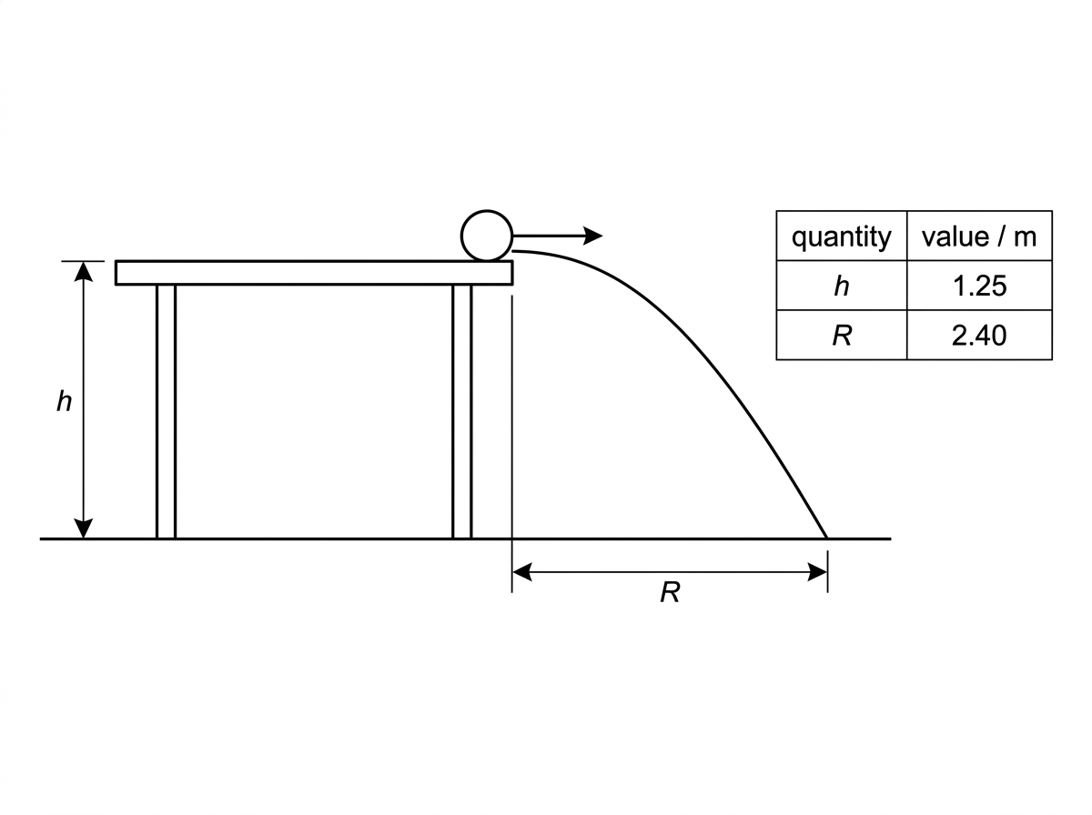 Annotated diagram of a ball launched horizontally from a table edge and landing on the floor. The vertical height from the launch point to the floor is labelled $h$, and the horizontal distance from the table edge to the landing point is labelled $R$. A small accompanying table gives measured values of $h$ and $R$ with SI units.