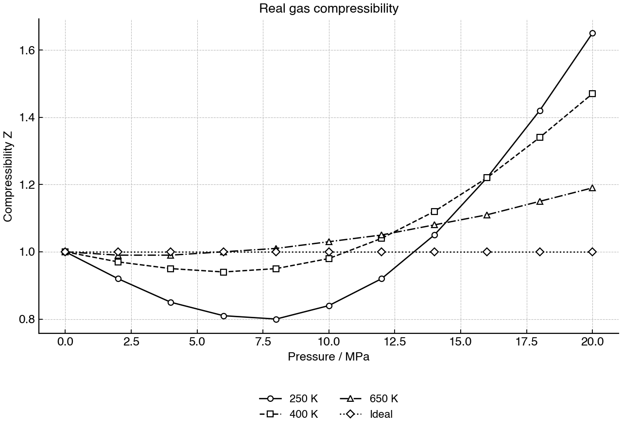 Compressibility factor of a real gas at three temperatures compared with ideal-gas behaviour.