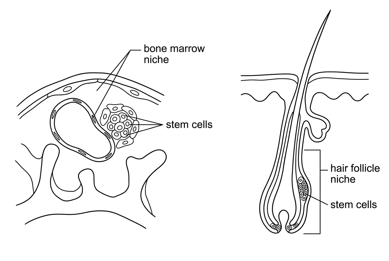 A labelled schematic of two adult human stem cell niches: bone marrow with blood-forming stem cells near support cells and blood vessels, and a hair follicle with stem cells near the base or bulge region. Labels should identify the niche locations but not list their functions.